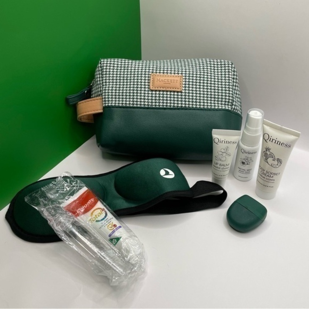 NWOT ❤️ Hackett London Green Gingham & Tan Travel Airline Bag, w/ Toiletries